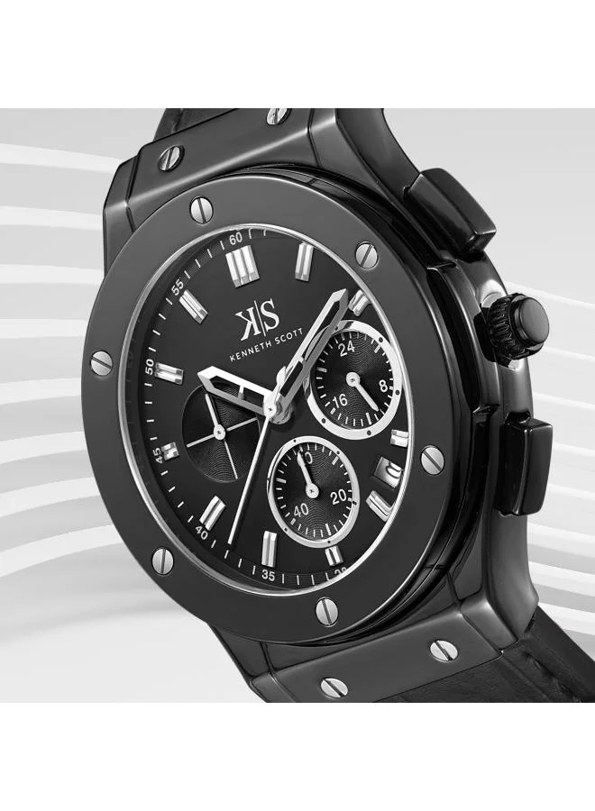 KENNETH SCOTT Black Men's Leather Multi Function Watch K24115-BLBB - 44 mm for Men | Best Price UAE