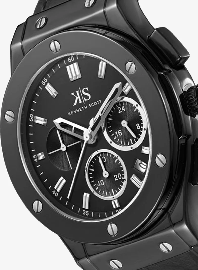 Kenneth Scott Black Men's Leather Multi Function Watch K24115-BLBB - 44 mm for Men | Best Price UAE