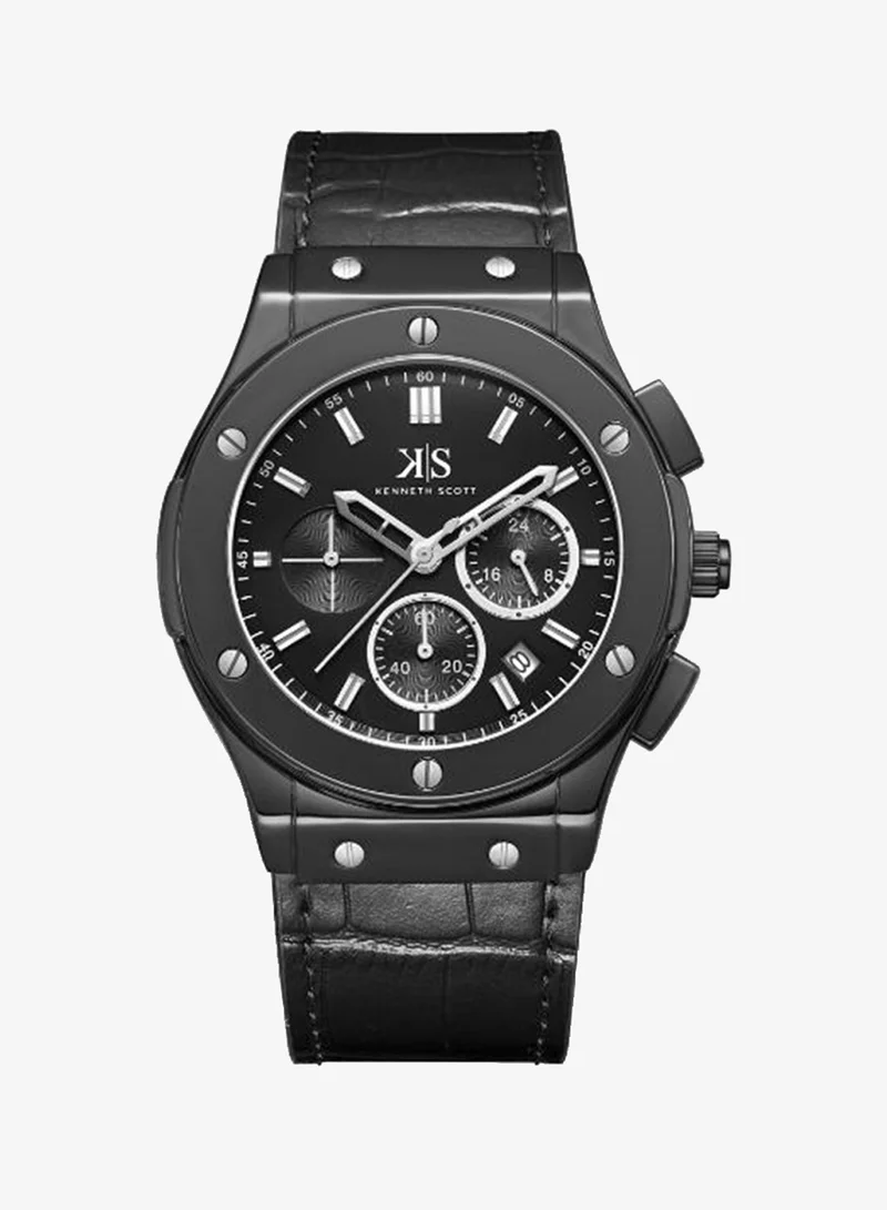 Kenneth Scott Black Men's Leather Multi Function Watch K24115-BLBB - 44 mm for Men | Best Price UAE