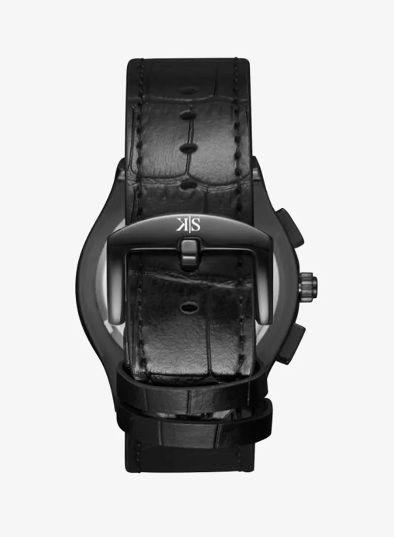 Kenneth Scott Black Men's Leather Multi Function Watch K24115-BLBB - 44 mm for Men | Best Price UAE