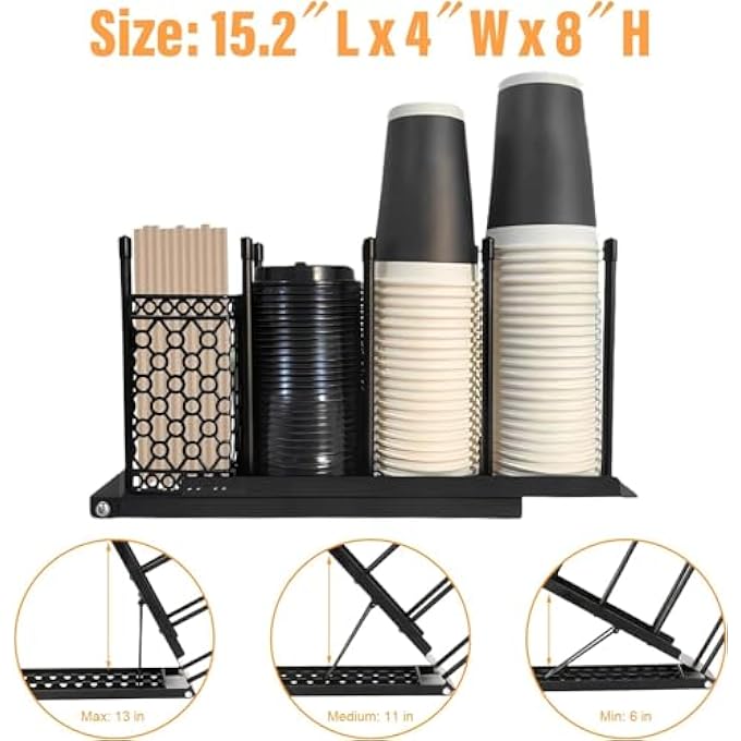Unity Cup Holder Lid Dispenser With Straw Organizer 4 Compartment 10 Adjusting Height Disposable Cup Dispenser With Straw Storage Basket For Countertop Coffee Station Bar Office Breakroom Black - Image 5