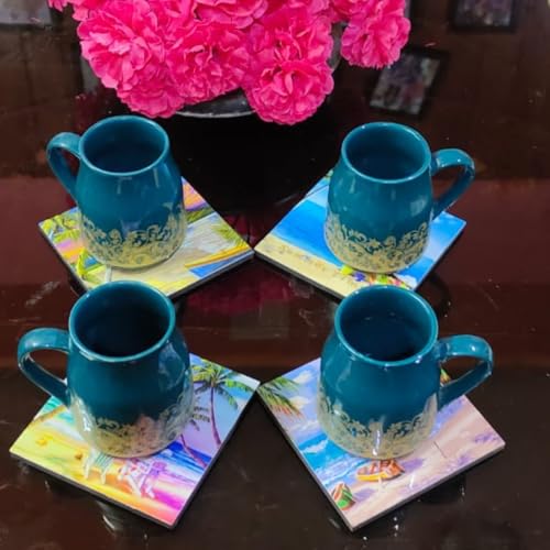 TrendyTrolley Beach Coconut Tree Square Coaster Set of Drink- Made of Polyester Fabric and Wooden Coaster Set - Set of 4 | with Coasters Holder Stand - Image 4