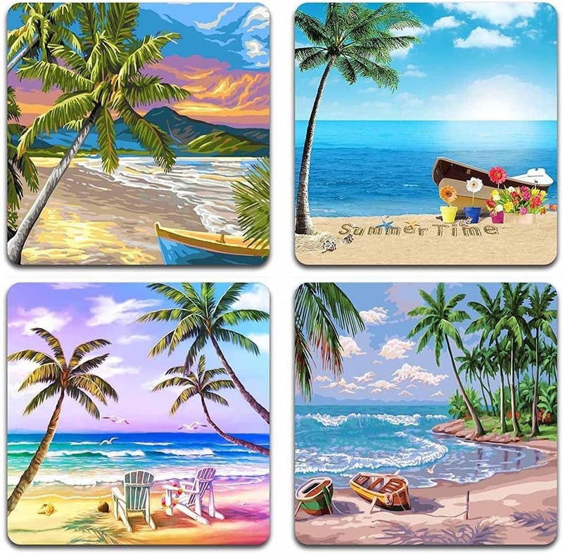 TrendyTrolley Beach Coconut Tree Square Coaster Set of Drink- Made of Polyester Fabric and Wooden Coaster Set - Set of 4 | with Coasters Holder Stand - Image 1