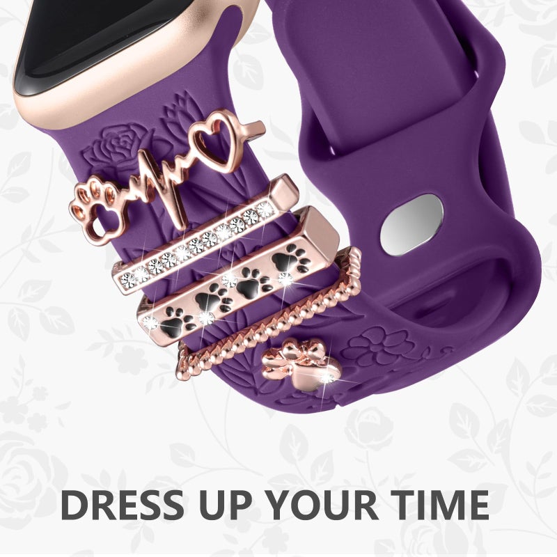 DaQin Flower Engraved Band Compatible with Apple Watch Bands for Women 40mm 38mm 41mm 42mm, Soft Silicone Strap With Dressy Decorative Apple Watch Charms for iWatch Series 11 10 9 8 7 6 5 4 3 2 1 SE - Image 3