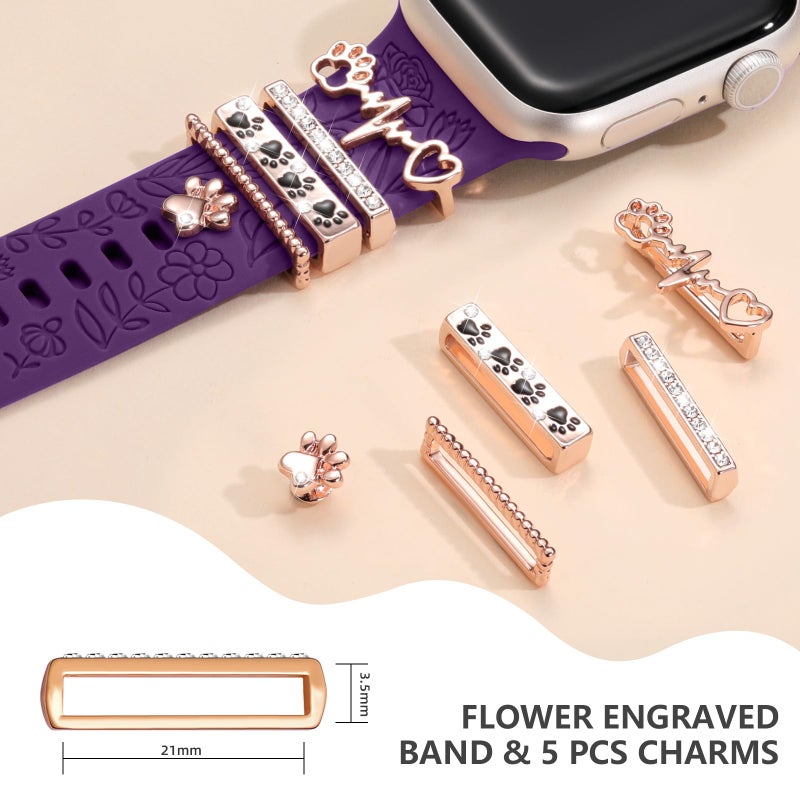 DaQin Flower Engraved Band Compatible with Apple Watch Bands for Women 40mm 38mm 41mm 42mm, Soft Silicone Strap With Dressy Decorative Apple Watch Charms for iWatch Series 11 10 9 8 7 6 5 4 3 2 1 SE - Image 4