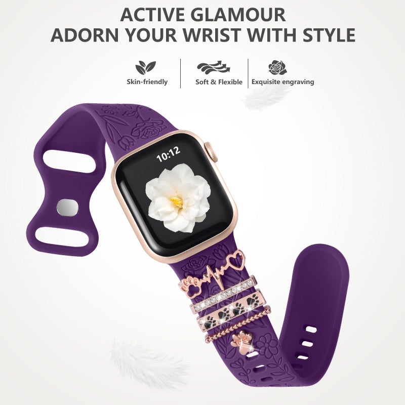 DaQin Flower Engraved Band Compatible with Apple Watch Bands for Women 40mm 38mm 41mm 42mm, Soft Silicone Strap With Dressy Decorative Apple Watch Charms for iWatch Series 11 10 9 8 7 6 5 4 3 2 1 SE - Image 5