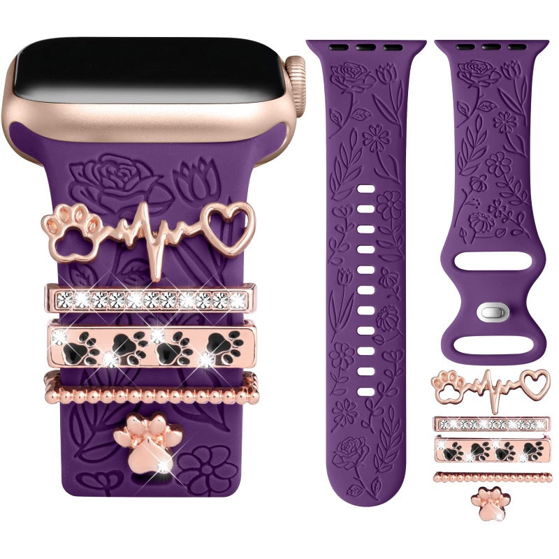 DaQin Flower Engraved Band Compatible with Apple Watch Bands for Women 40mm 38mm 41mm 42mm, Soft Silicone Strap With Dressy Decorative Apple Watch Charms for iWatch Series 11 10 9 8 7 6 5 4 3 2 1 SE - Image 1