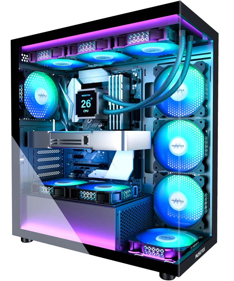 MUSETEX حافظة كمبيوتر MUSETEX ATX مع 7 مراوح PWM ARGB مثبتة مسبقًا، حافظة كمبيوتر متوسطة من نوع C مع زجاج مزدوج مقسى كامل الرؤية، حافظة ألعاب كمبيوتر، سوداء (K2) - Image 1