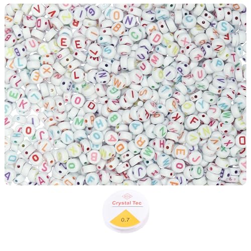 Ambitieux 350+ Round Alphabet Letter Colorfull Beads for Bracelet Jewellery Making with 10m Elastic Thread (0.8mm) | Round, Cube and Heart Shape (Round White Colorfull) - Image 1