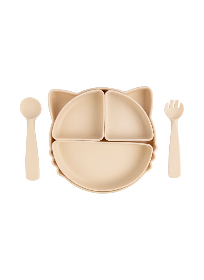 Babies Basic Feeding Set With Removable Sections , 3 Piece, Silicone Set For Self Feeding, Easy To Grip,Silicone Suction Plate With Silicone Spoon And Fork- Beige  - Image 1
