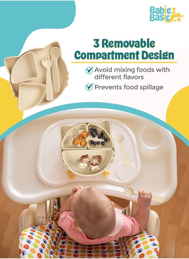 Babies Basic Feeding Set With Removable Sections , 3 Piece, Silicone Set For Self Feeding, Easy To Grip,Silicone Suction Plate With Silicone Spoon And Fork- Beige  - Image 2