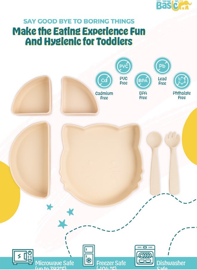 Babies Basic Feeding Set With Removable Sections , 3 Piece, Silicone Set For Self Feeding, Easy To Grip,Silicone Suction Plate With Silicone Spoon And Fork- Beige  - Image 3