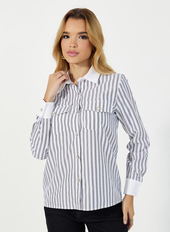 Styli Striped Front Chest Pocket Shirt with Contrast Collar and Cuff Detail  - Image 1