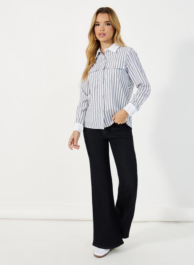 Styli Striped Front Chest Pocket Shirt with Contrast Collar and Cuff Detail  - Image 2