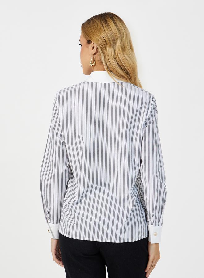 Styli Striped Front Chest Pocket Shirt with Contrast Collar and Cuff Detail  - Image 4