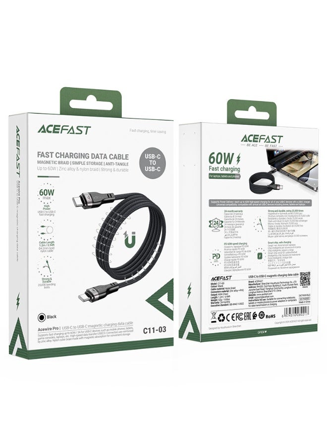 أسيفاست كابل شحن وبيانات C11-04 USB-A إلى USB-C، شحن سريع 60 وات، سبيكة زنك + PVC + جديلة نايلون بطول 1.2 متر، جديلة مغناطيسية - أسود - Image 5