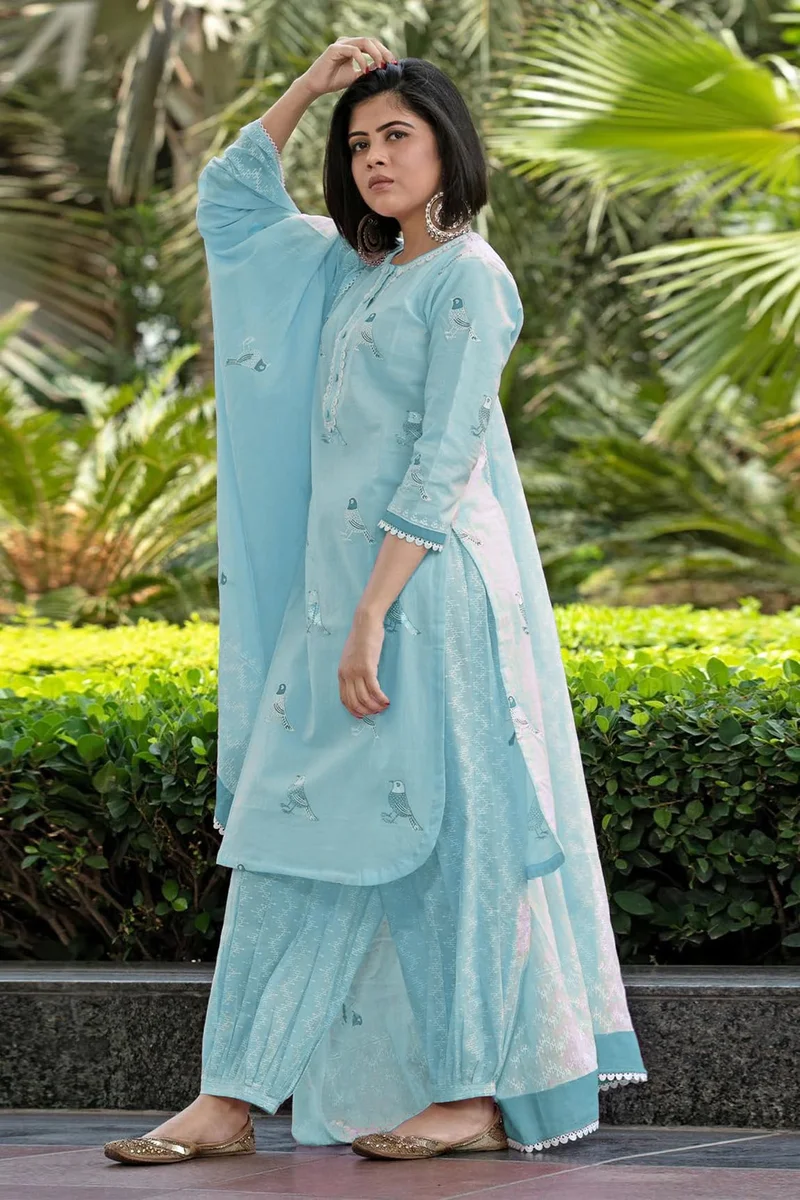 GoSriKi Sky Blue GoSriKi Women's Rayon Blend Hand Block Printed Straight Kurta with Pant & Dupatta (RAGSRI ICE BLUE-VKS04-GS_L_Sky Blue_Large) for Women | Best Price UAE