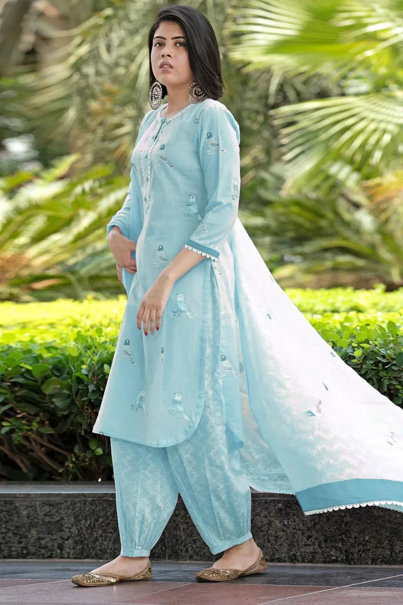 GoSriKi Sky Blue GoSriKi Women's Rayon Blend Hand Block Printed Straight Kurta with Pant & Dupatta (RAGSRI ICE BLUE-VKS04-GS_L_Sky Blue_Large) for Women | Best Price UAE