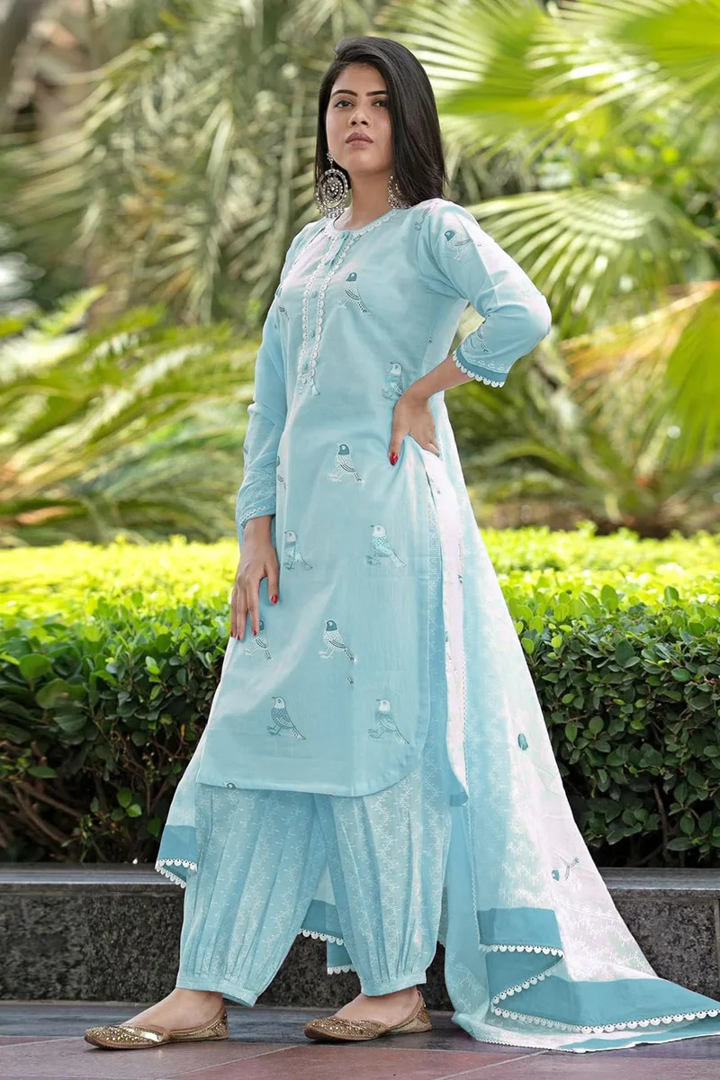 GoSriKi Women's Rayon Blend Hand Block Printed Straight Kurta with Pant & Dupatta (RAGSRI ICE BLUE-VKS04-GS_L_Sky Blue_Large)