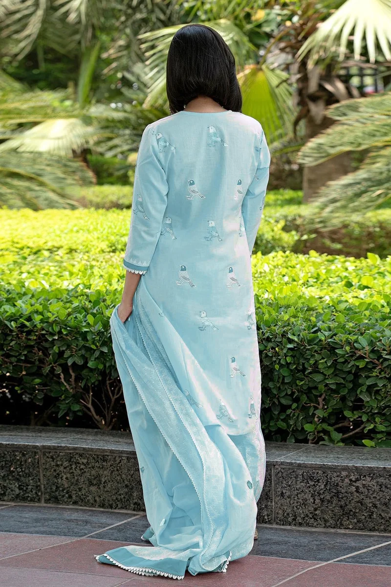 GoSriKi Sky Blue GoSriKi Women's Rayon Blend Hand Block Printed Straight Kurta with Pant & Dupatta (RAGSRI ICE BLUE-VKS04-GS_L_Sky Blue_Large) for Women | Best Price UAE