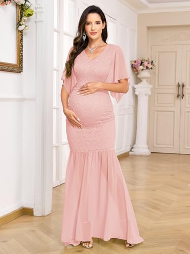 AISWI Maternity Lace Mermaid Dress V Neck Handkerchief Sleeve Chiffon Maxi Gown for Wedding Guest Photoshoot Baby Shower, Pink, S - Image 3