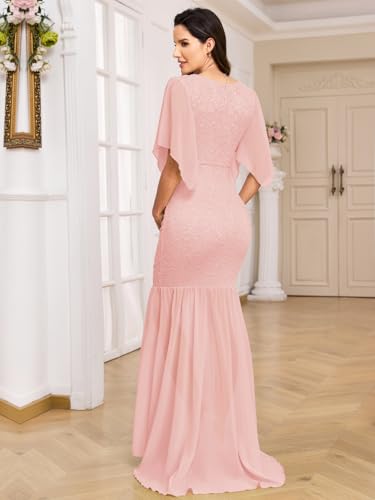AISWI Maternity Lace Mermaid Dress V Neck Handkerchief Sleeve Chiffon Maxi Gown for Wedding Guest Photoshoot Baby Shower, Pink, S - Image 5