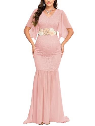 AISWI Maternity Lace Mermaid Dress V Neck Handkerchief Sleeve Chiffon Maxi Gown for Wedding Guest Photoshoot Baby Shower, Pink, S - Image 1