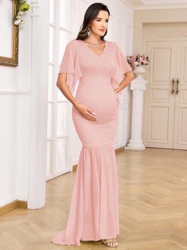 AISWI Maternity Lace Mermaid Dress V Neck Handkerchief Sleeve Chiffon Maxi Gown for Wedding Guest Photoshoot Baby Shower, Pink, S - Image 4