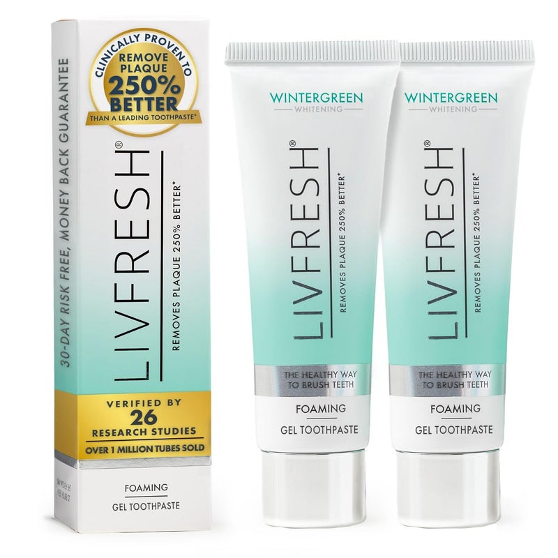 LIVFRESH Toothpaste Gel, Clinically Proven to Remove Plaque 250% Better, Improves Gum Health 190% Better, Prevents & Reduces Tartar, Freshens Breath, SLS Free Dental Gel, Wintergreen, 2 Pack - Image 1