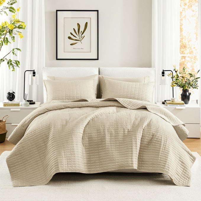 KIENNA QUILT SETLUXURY DOUBLE SIDED STITCHING DESIGN SUMMER BLANKET LIGHTWEIGHT SOFT ALL SEASON BEDDING LAYER MATCHING SHAM IVORY COVERLET FULLQUEEN90X90 3 PIECE
