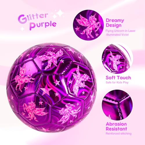 EVERICH TOY EVERICH Kids Soccer Ball Size 3 - Shiny Purple Unicorn Soccer Ball with Pump for Toddlers & Kids - Indoor Outdoor Play Balls Toys - Great Gifts for Children Girls Boys 3 4 5 6 7 8 Years Old - Image 3