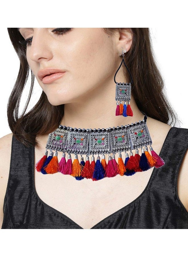 YouBella Fashion Jewellery Antique German Silver Oxidised Plated Tribal Cotton Thread Jewellery Necklace Earring Set for Women & Girls.(Valentine Gift Special). (Multi) - Image 2