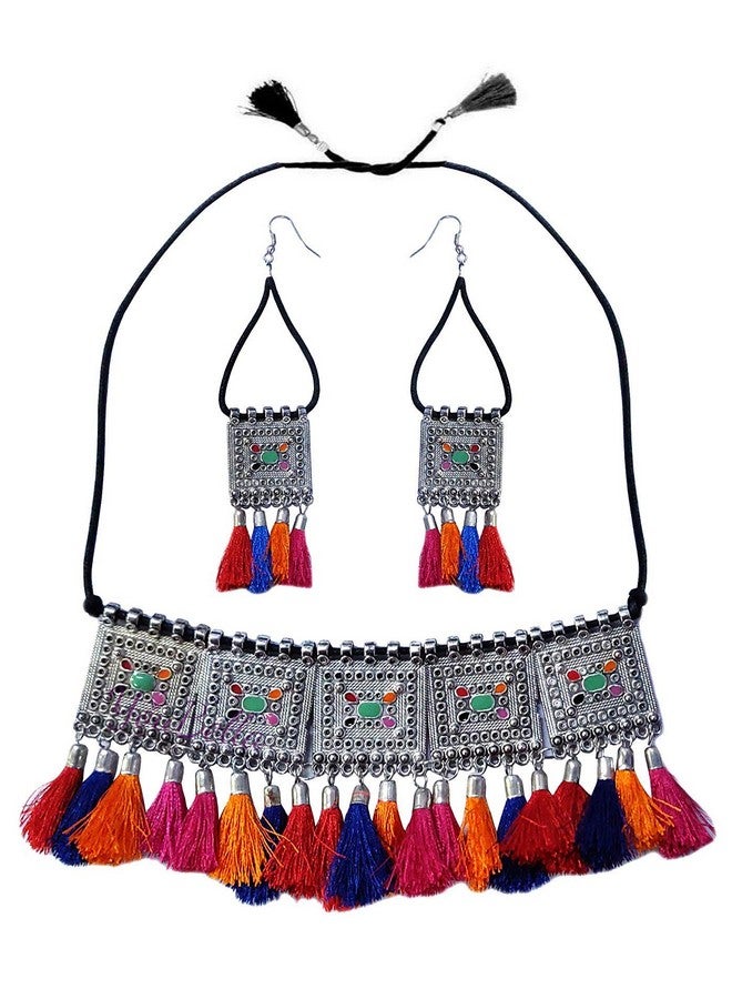 YouBella Fashion Jewellery Antique German Silver Oxidised Plated Tribal Cotton Thread Jewellery Necklace Earring Set for Women & Girls.(Valentine Gift Special). (Multi) - Image 1