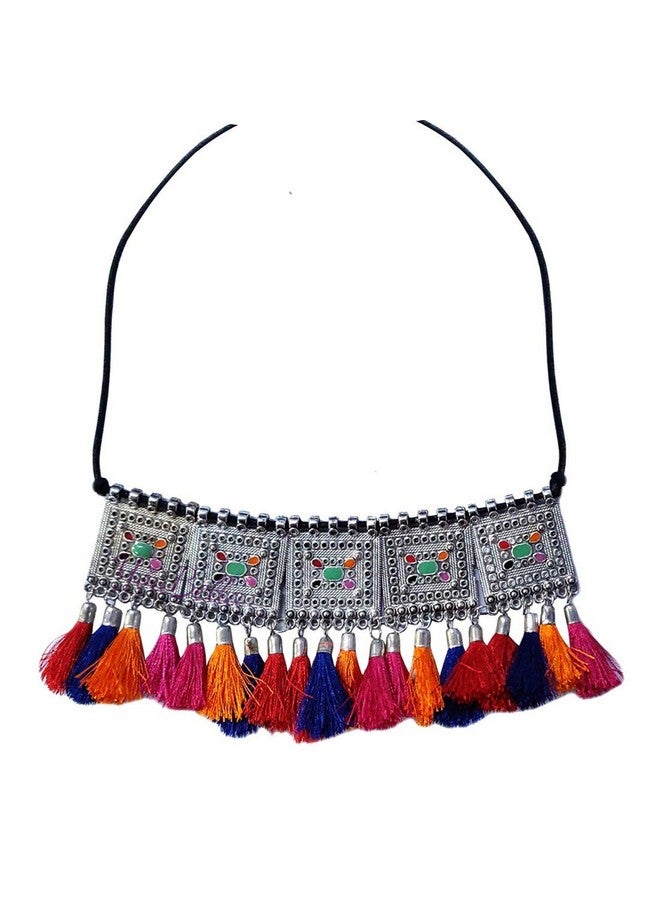 YouBella Fashion Jewellery Antique German Silver Oxidised Plated Tribal Cotton Thread Jewellery Necklace Earring Set for Women & Girls.(Valentine Gift Special). (Multi) - Image 3