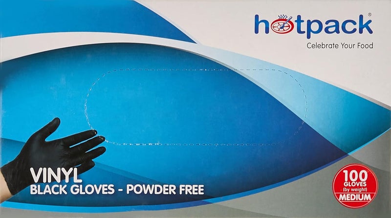 Hotpack Disposable Vinyl Gloves Black Medium Powder Free, Non Sterile, Food Safe, 100 Pieces - Image 1