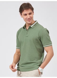 Maniac Mens Solid Polo Neck Half Sleeve Leaf Green Cotton Slim Fit T-Shirt  - Image 2