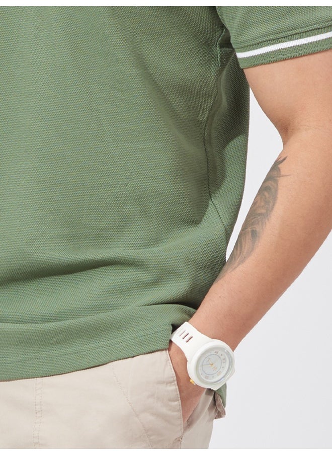 Maniac Mens Solid Polo Neck Half Sleeve Leaf Green Cotton Slim Fit T-Shirt  - Image 5