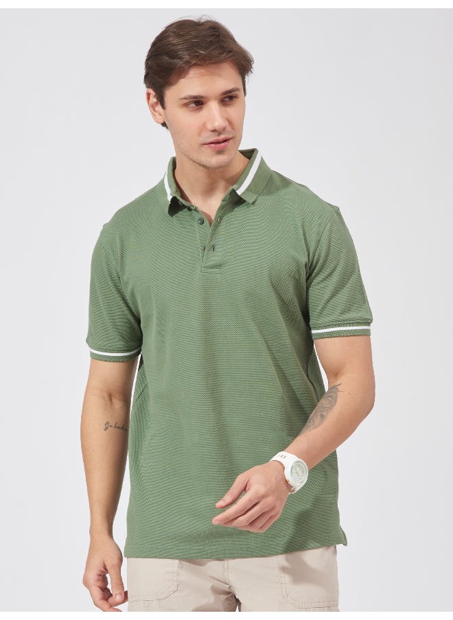 Maniac Mens Solid Polo Neck Half Sleeve Leaf Green Cotton Slim Fit T-Shirt  - Image 1