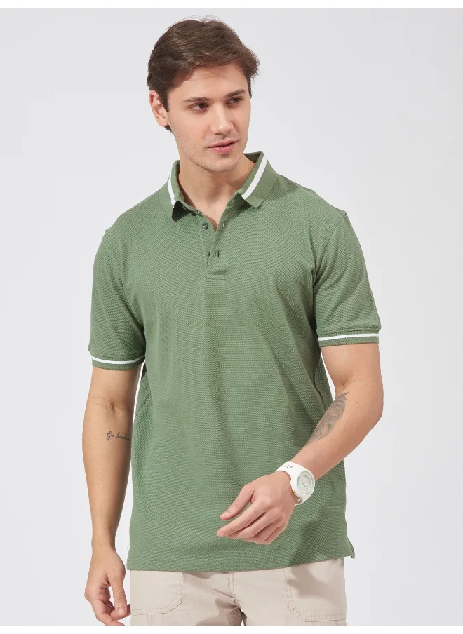 مانياك Mens Solid Polo Neck Half Sleeve Leaf Green Cotton Slim Fit T-Shirt