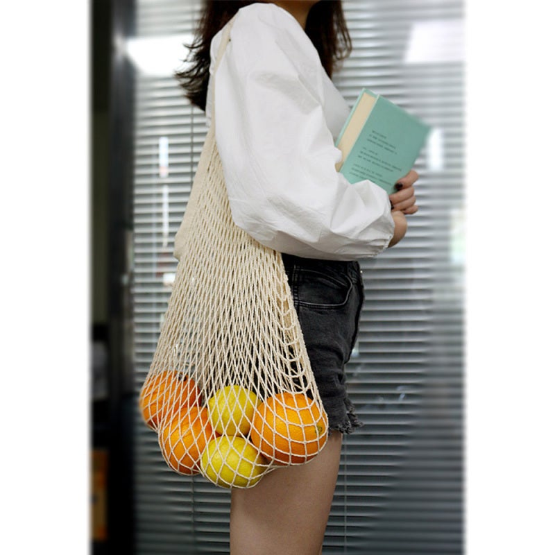 Mesh Grocery Bags: 2 Organic Cotton Beige Bags - Chemical-Free Food-Safe Foldable Washable Reusable Mesh Shopping Bags for Grocery Market Beach Hiking Camping Trips - Image 3