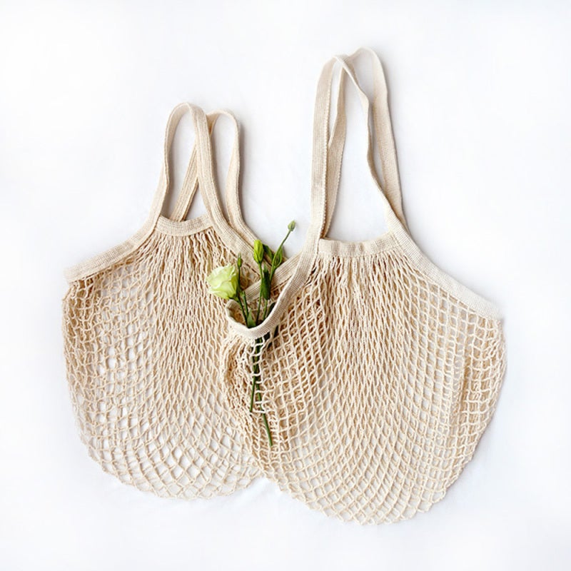 Mesh Grocery Bags: 2 Organic Cotton Beige Bags - Chemical-Free Food-Safe Foldable Washable Reusable Mesh Shopping Bags for Grocery Market Beach Hiking Camping Trips - Image 4
