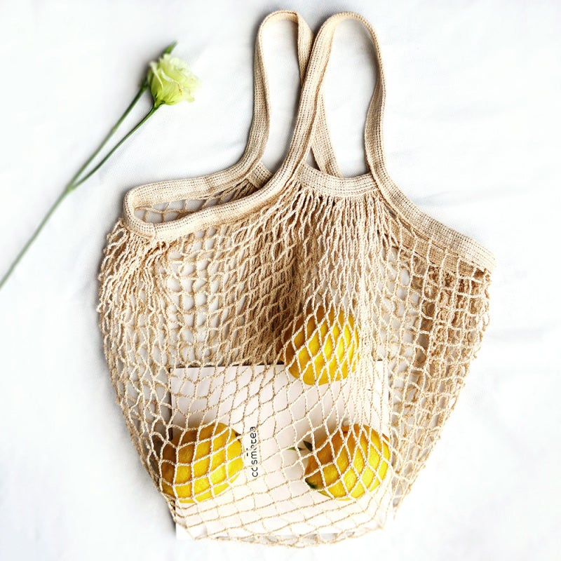 Mesh Grocery Bags: 2 Organic Cotton Beige Bags - Chemical-Free Food-Safe Foldable Washable Reusable Mesh Shopping Bags for Grocery Market Beach Hiking Camping Trips - Image 5