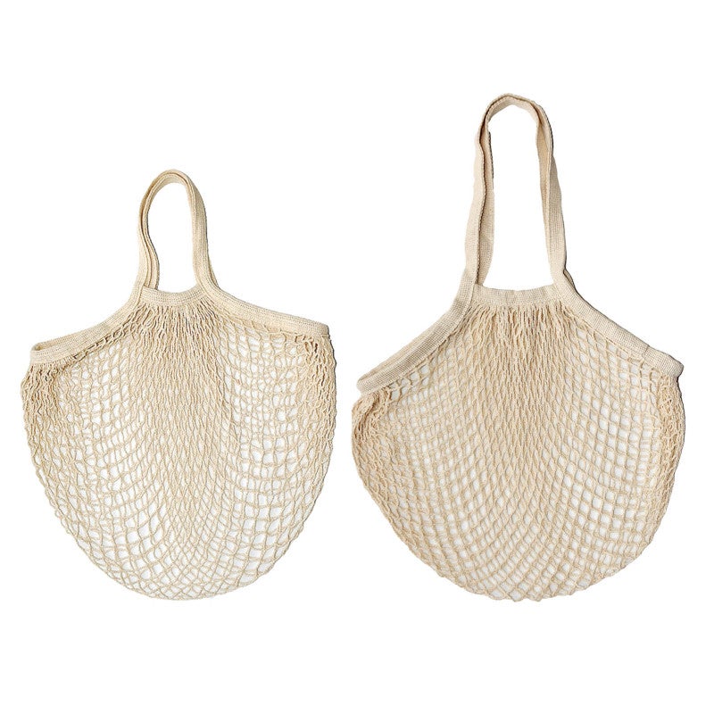 Mesh Grocery Bags: 2 Organic Cotton Beige Bags - Chemical-Free Food-Safe Foldable Washable Reusable Mesh Shopping Bags for Grocery Market Beach Hiking Camping Trips - Image 1