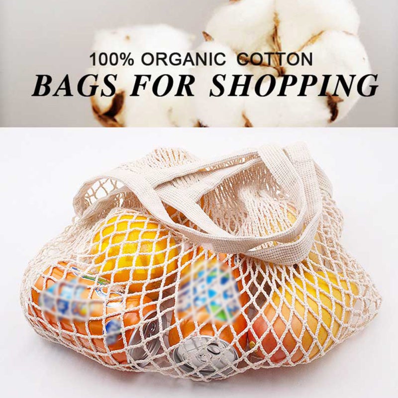 Mesh Grocery Bags: 2 Organic Cotton Beige Bags - Chemical-Free Food-Safe Foldable Washable Reusable Mesh Shopping Bags for Grocery Market Beach Hiking Camping Trips - Image 2