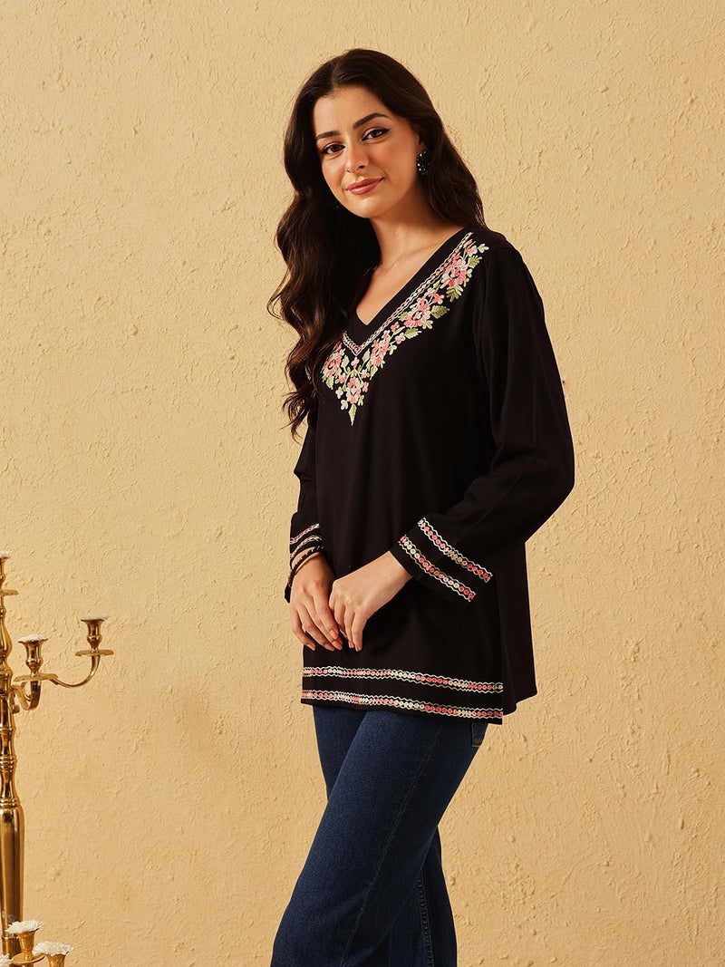 QAZMI Women's Amina Kashmiri Embroidered V-Neck Short Kurti_S Black - Image 3