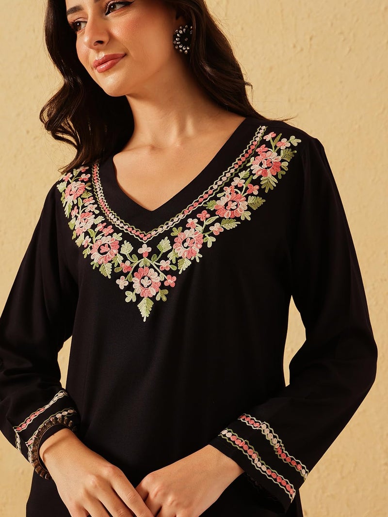 QAZMI Women's Amina Kashmiri Embroidered V-Neck Short Kurti_S Black - Image 4
