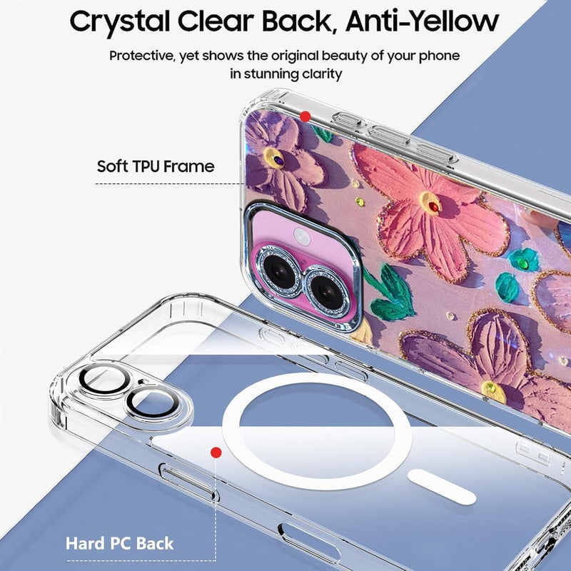 Elzzi حافظة متوافقة مع آيفون 16 بتصميم زهور ليزر ثلاثي الأبعاد زيتية ملونة جميلة باللون الأزرق مع حماية كاملة للكاميرا، مضادة للصدمات، غلاف لامع لفتاة وامرأة، باللونين الوردي والبنفسجي - Image 3