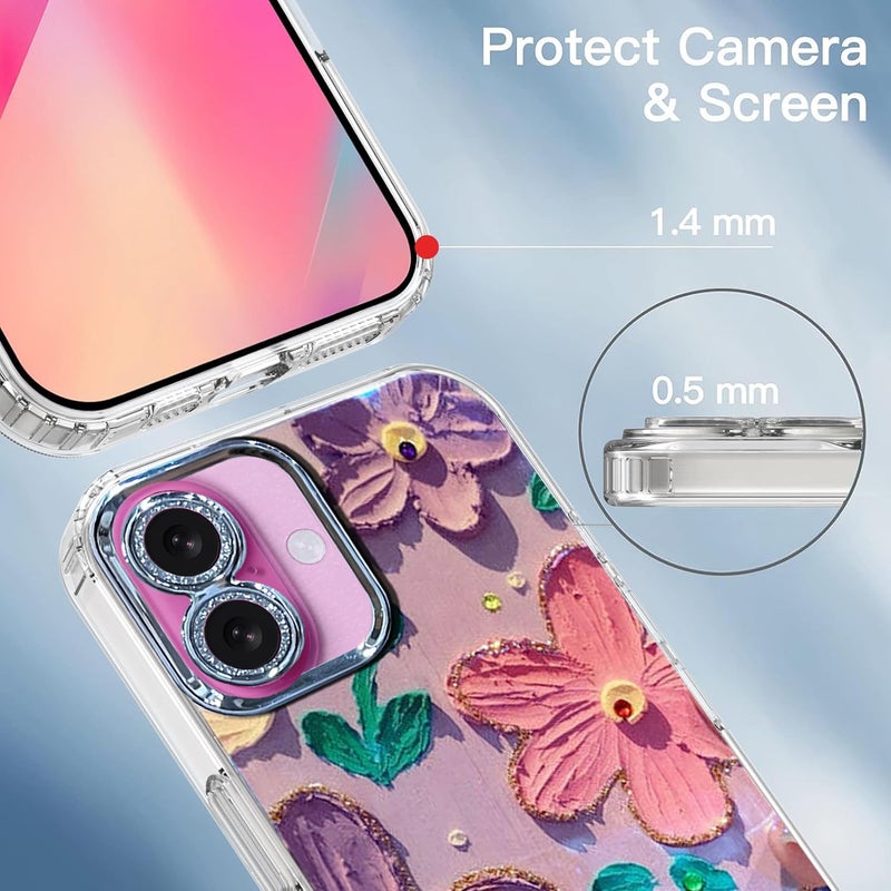 Elzzi حافظة متوافقة مع آيفون 16 بتصميم زهور ليزر ثلاثي الأبعاد زيتية ملونة جميلة باللون الأزرق مع حماية كاملة للكاميرا، مضادة للصدمات، غلاف لامع لفتاة وامرأة، باللونين الوردي والبنفسجي - Image 2