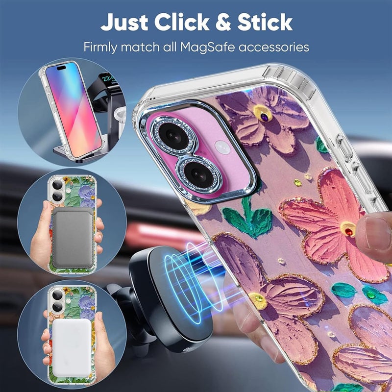 Elzzi حافظة متوافقة مع آيفون 16 بتصميم زهور ليزر ثلاثي الأبعاد زيتية ملونة جميلة باللون الأزرق مع حماية كاملة للكاميرا، مضادة للصدمات، غلاف لامع لفتاة وامرأة، باللونين الوردي والبنفسجي - Image 5