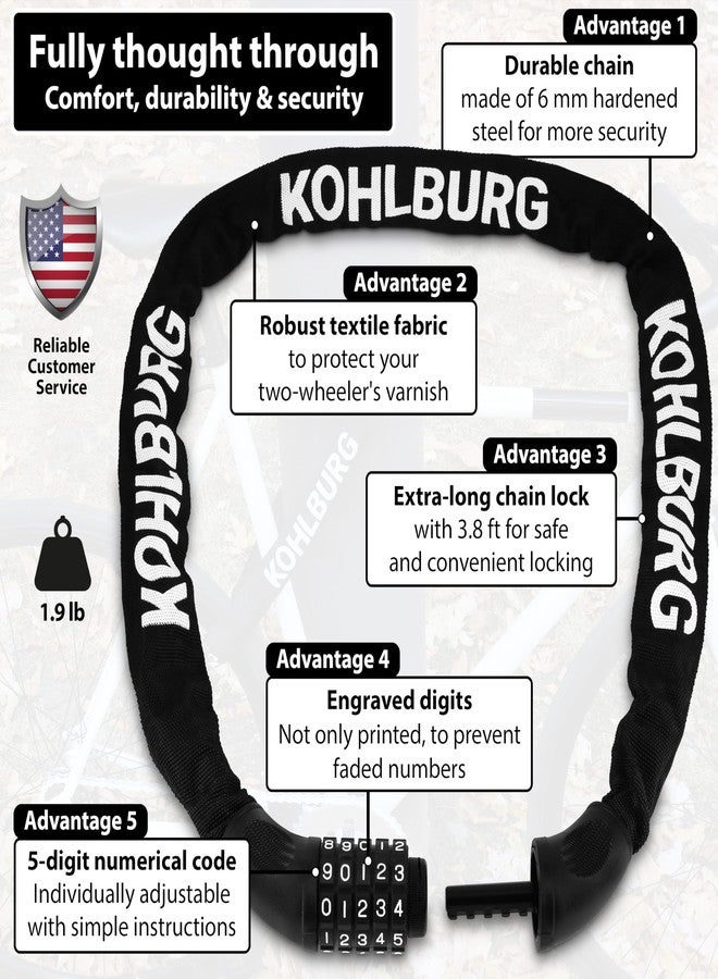 KOHLBURG Very long combination lock 115 cm long and 6 mm thick with number code - strong chain lock with combination - robust bicycle lock with combination for bicycle and e-bike - Image 4